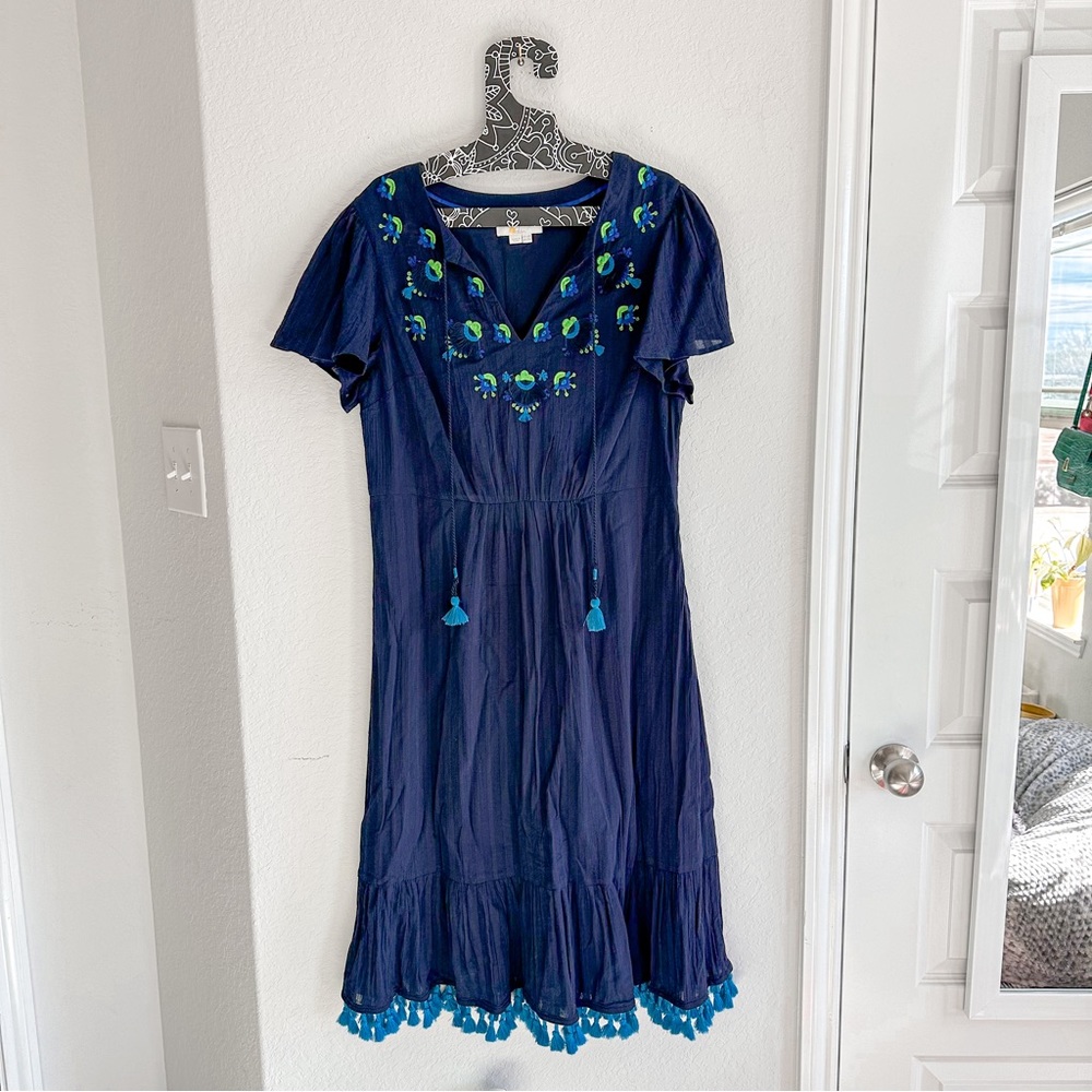 Boden Evelyn Embroidered Tassel Ties Midi Dress Navy Blue size 12 R